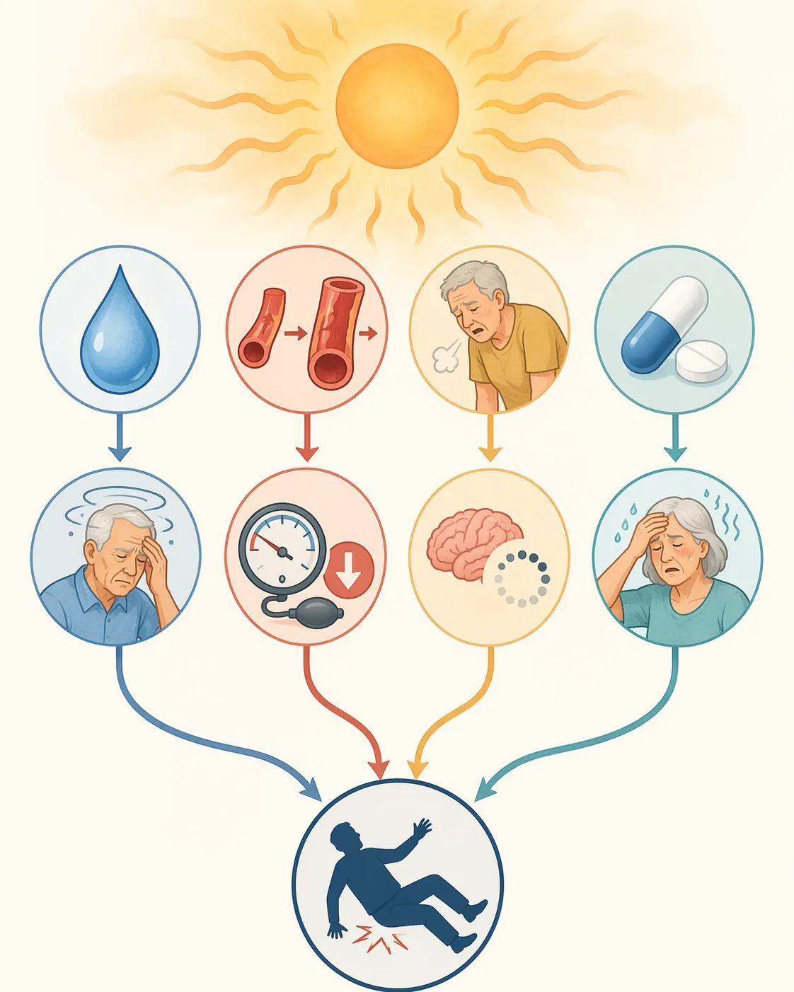 Infographic showing heat waves leading to fall risk through dehydration, vasodilation, fatigue, and medication-related heat intolerance