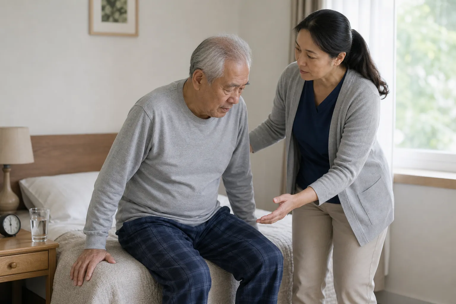 Older adult sitting on the edge of a bed while a caregiver stands nearby during a careful standing check