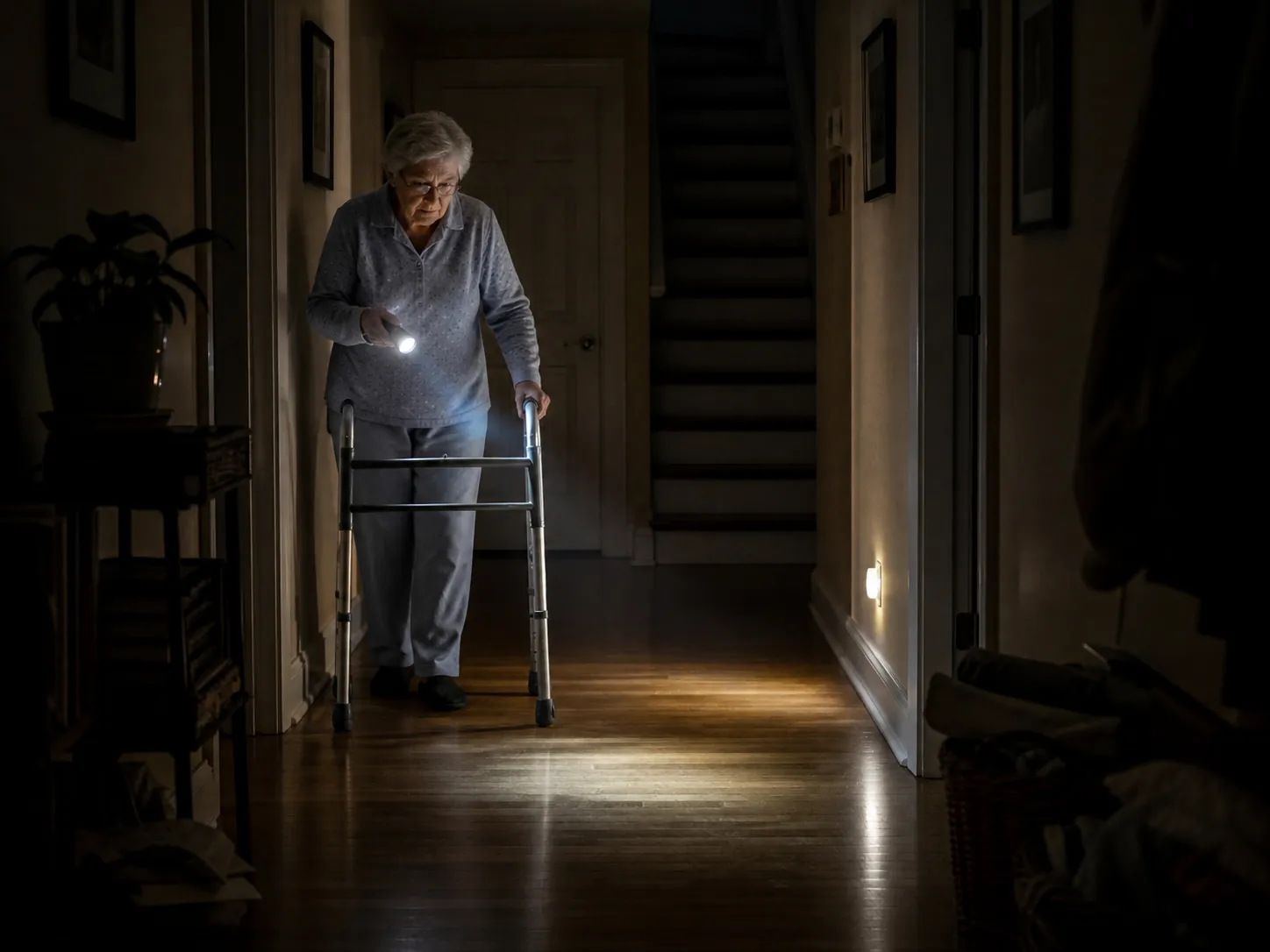 Older adult using a walker and flashlight on a cleared hallway path during a power outage