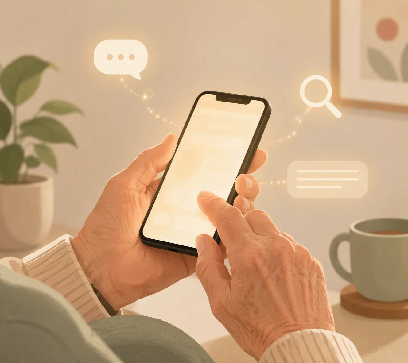 Older adult holding a smartphone with accessibility icons for speech, magnification, and captions