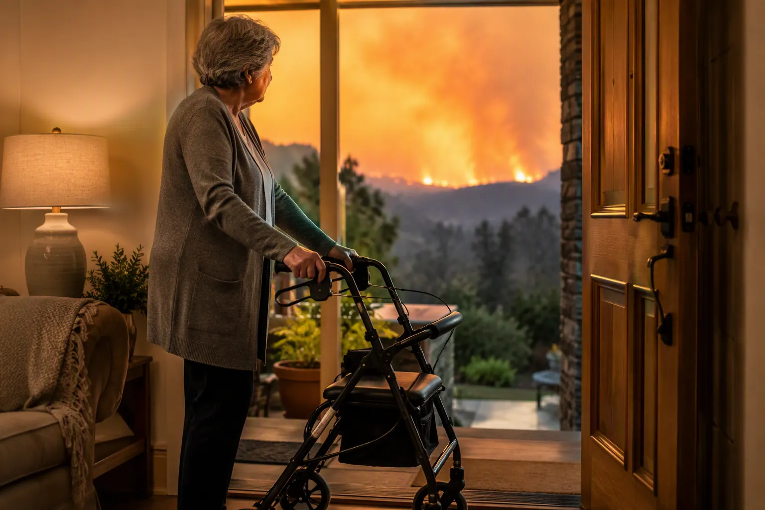 Older woman with a rollator walker standing at an open interior doorway while wildfire smoke glows outside