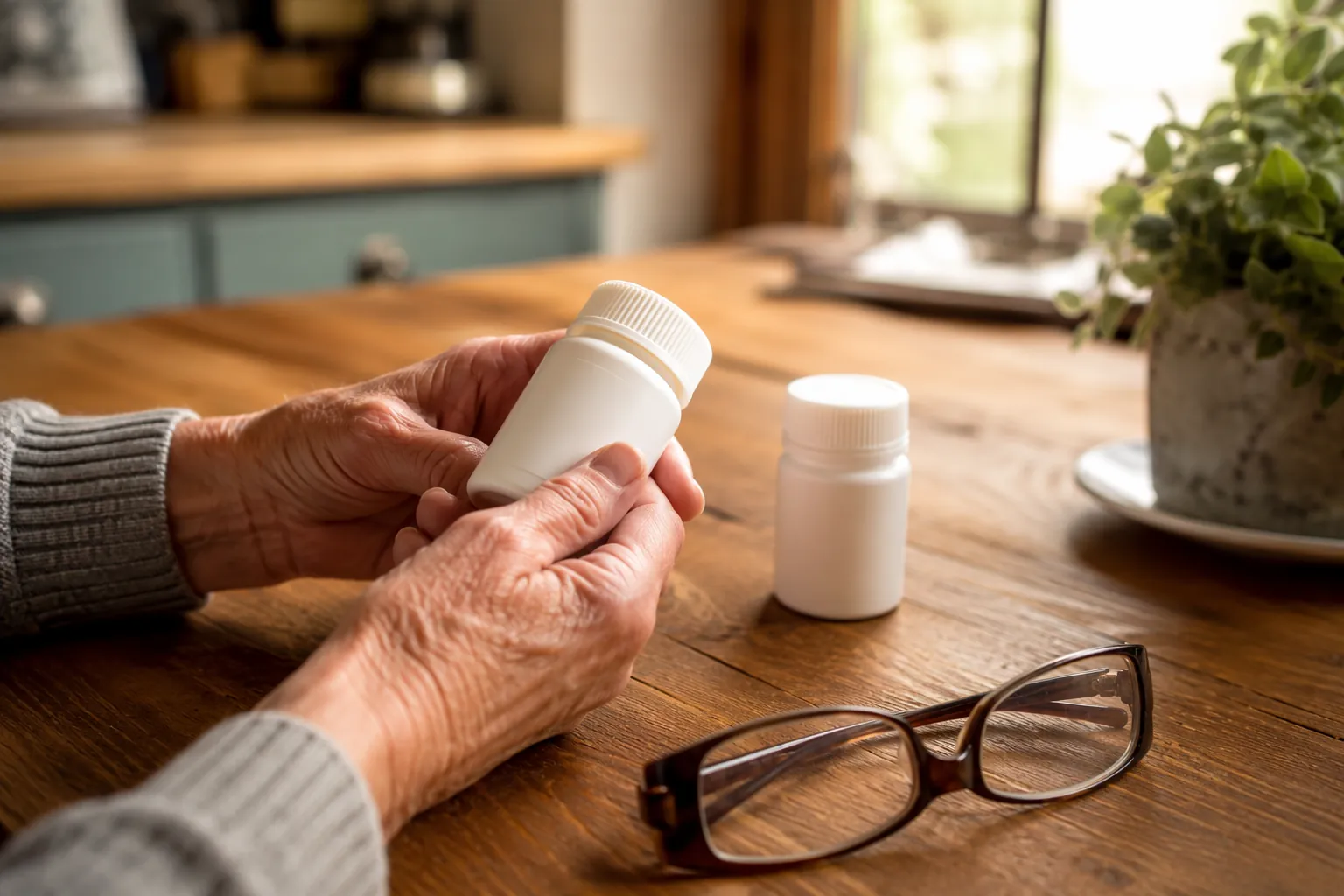 Older person's hands checking a white pill bottle at a kitchen table with reading glasses nearby