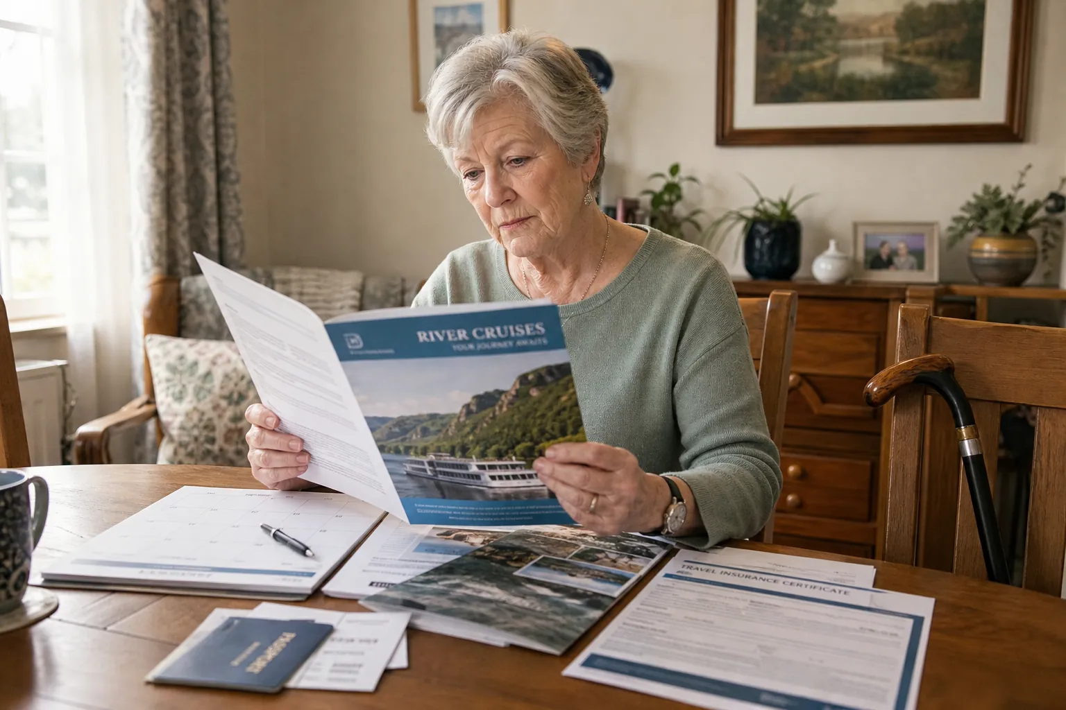 Senior woman reviewing river cruise documents, calendar, and insurance certificate at home with a cane beside her