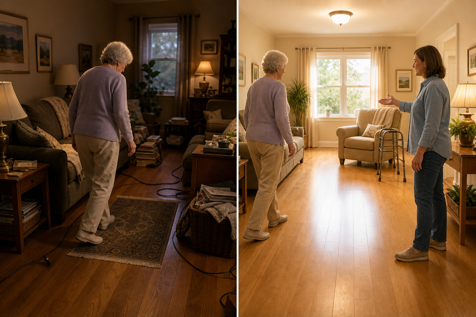 Split-view residential illustration showing a living room before and after a home safety assessment, with the left side showing a throw rug, dim lighting, and cluttered pathways, and the right side showing the rug removed, bright lighting, clear wide pathways, and a caregiver pointing at the improved area.