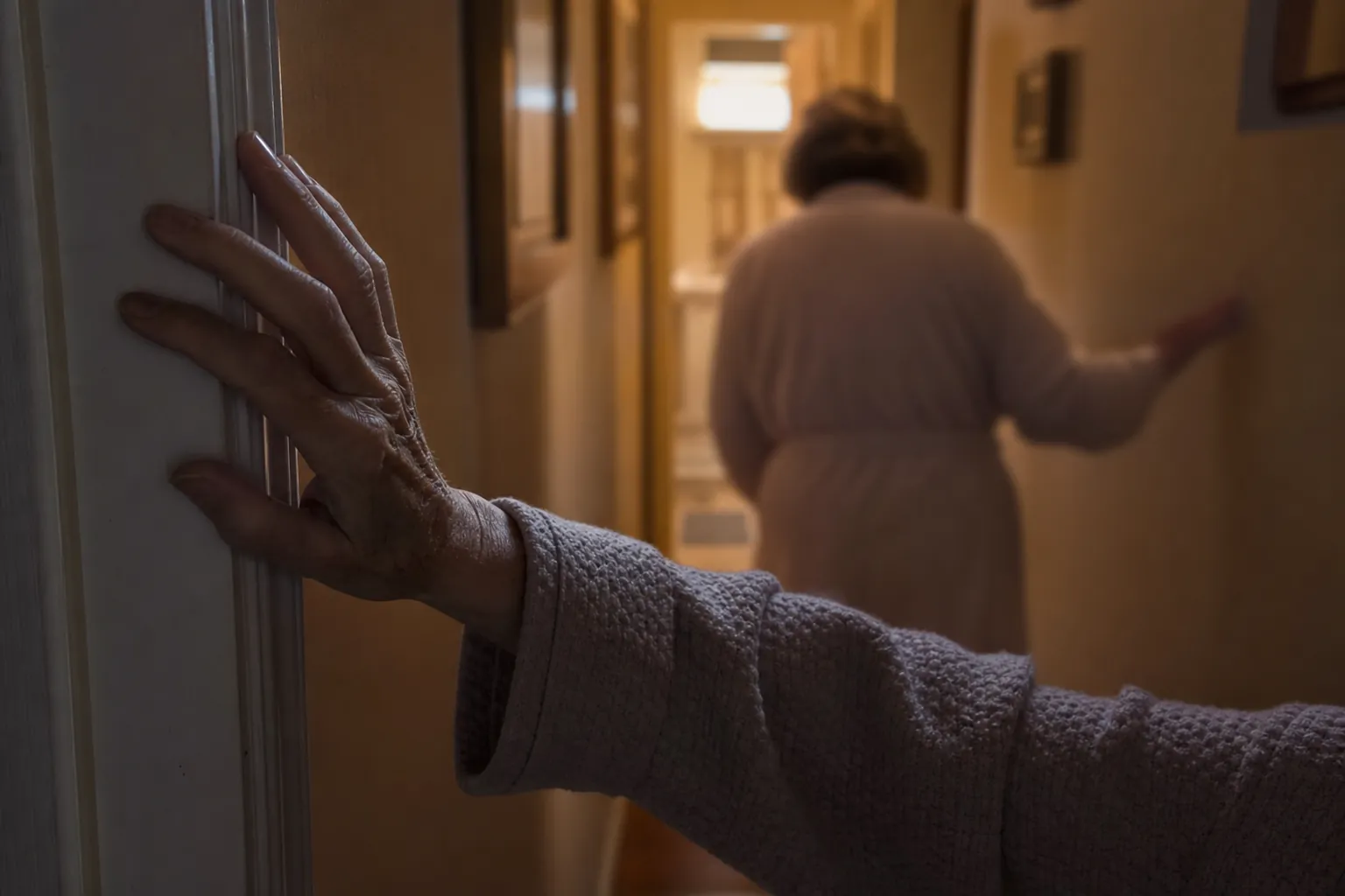 Dim hallway at night with bathroom light ahead and an older adult steadying against the wall