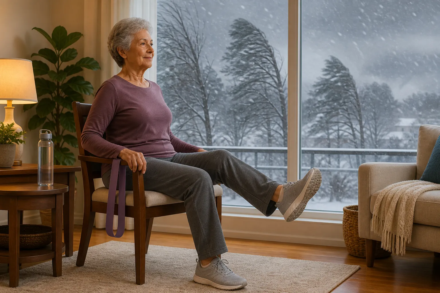 Older adult doing seated strength and balance exercise indoors while snow and wind are visible outside