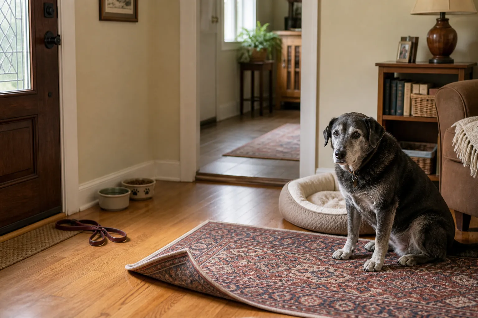 Living room and hallway with a senior dog bed, bowls off the walkway, curled rug edge, coiled leash near the door, and a low threshold