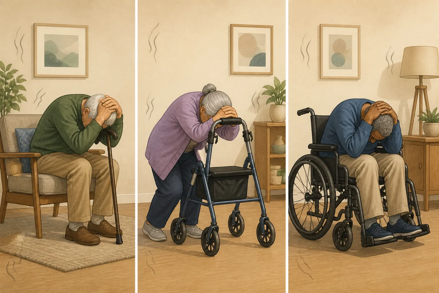Cane user, walker user, and wheelchair user in adapted earthquake protective positions