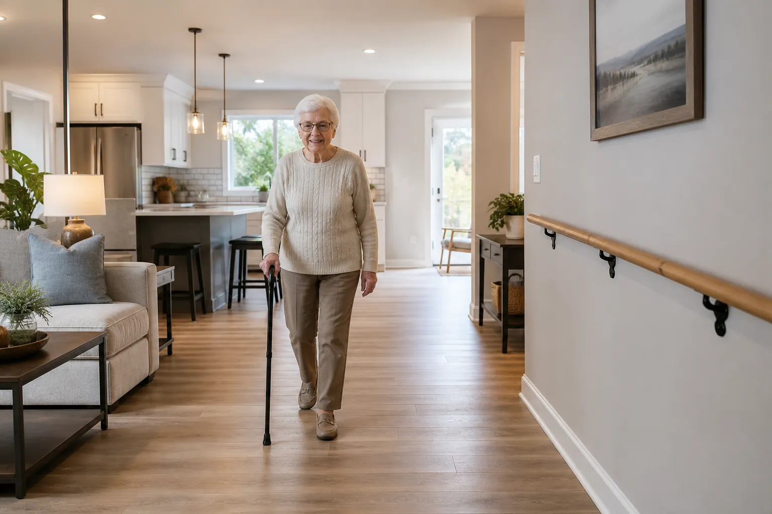 Senior-friendly home with non-slip flooring, clear walkways, handrail, daylight, and an older adult using a cane