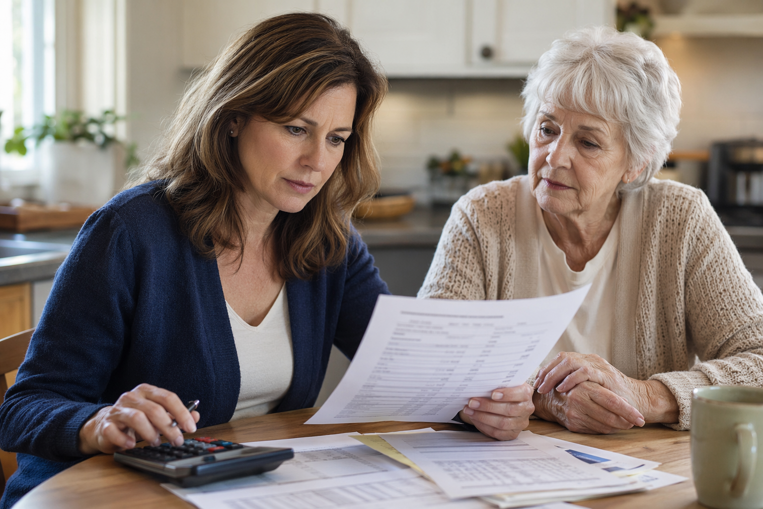 Daughter reviewing senior care cost documents with a calculator at a kitchen table