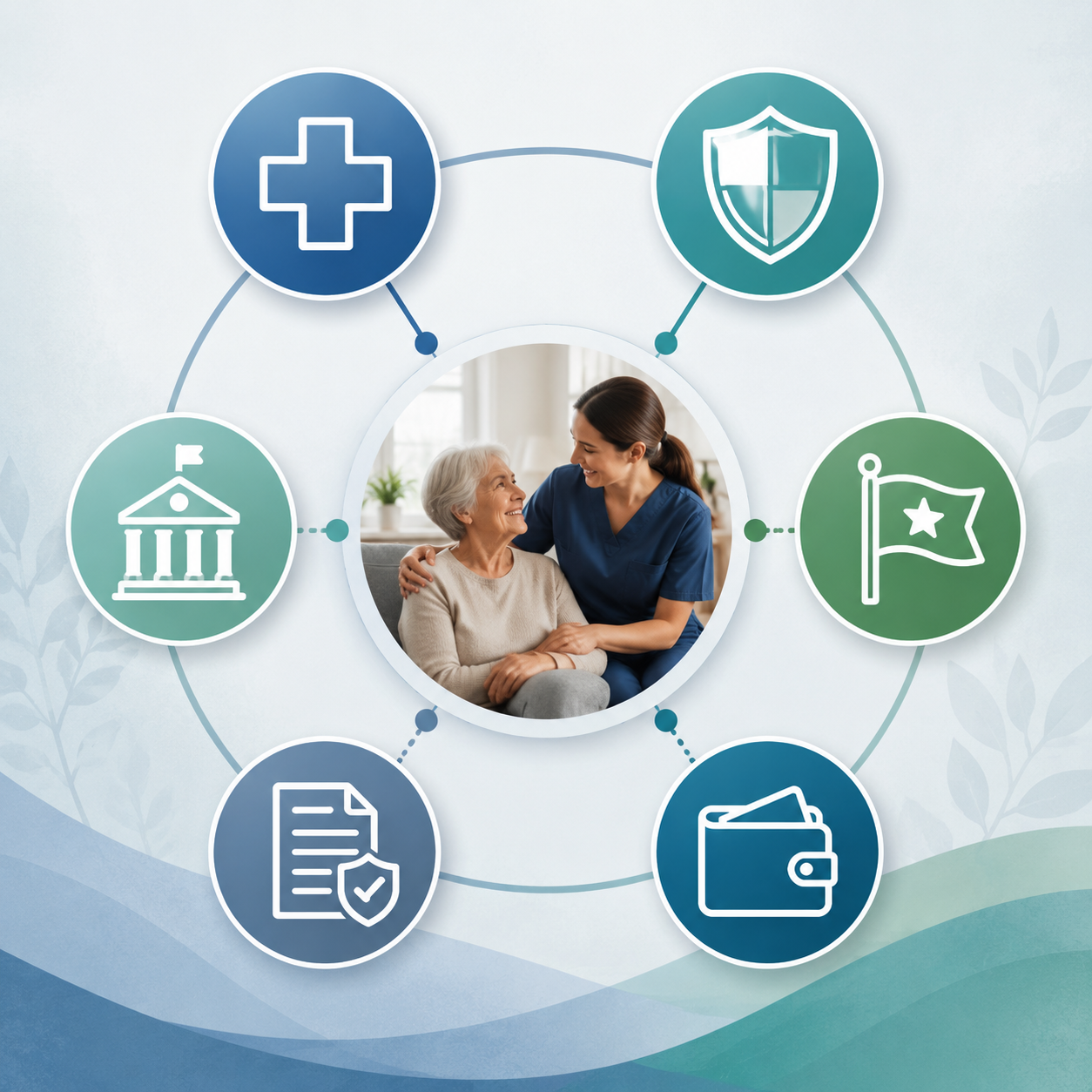 Infographic showing Medicare, Medicare Advantage, Medicaid, VA benefits, long-term care insurance, and private pay as home care funding sources