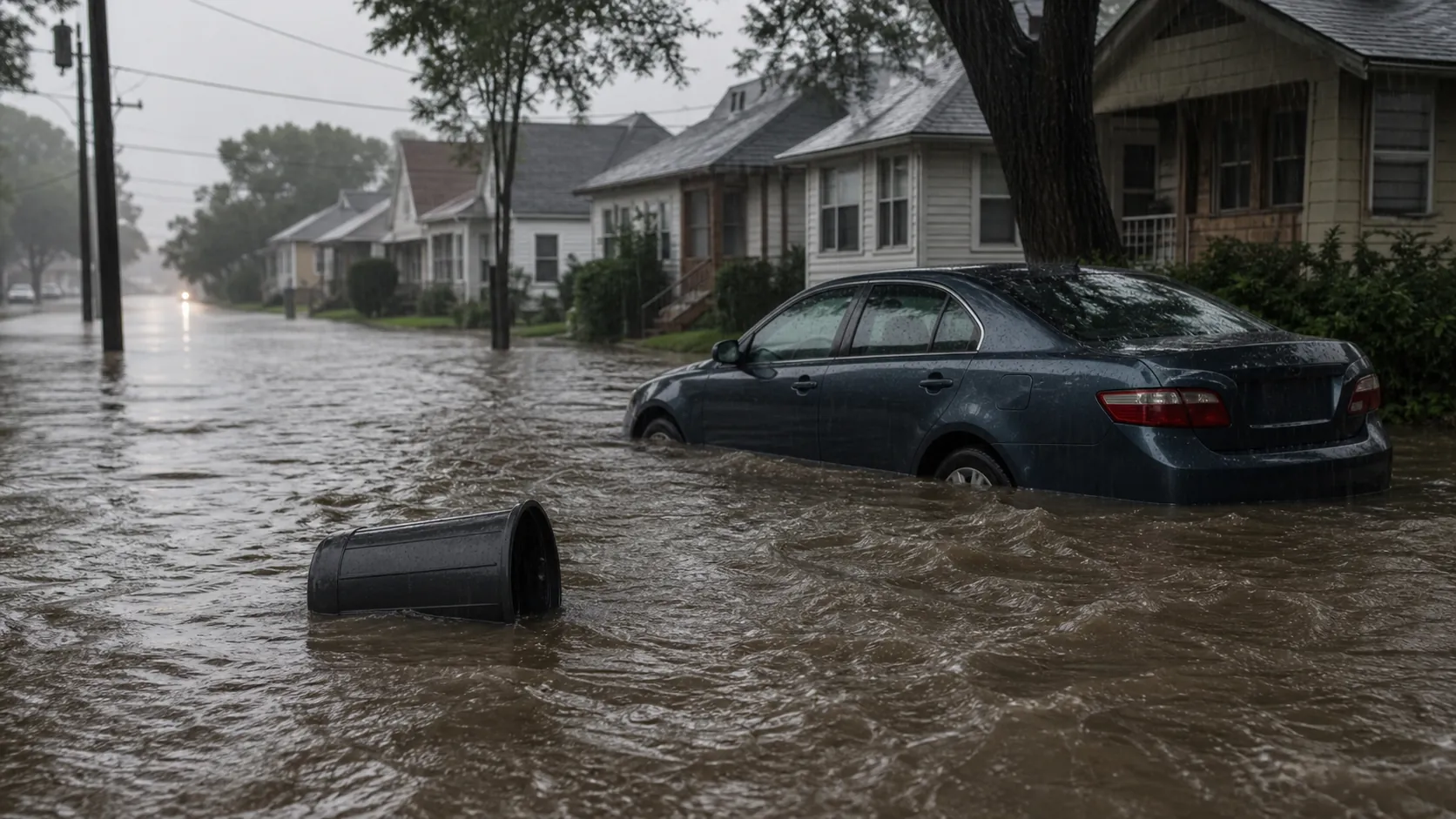Flooded residential street with murky water covering the road, a partially submerged car, and debris floating nearby