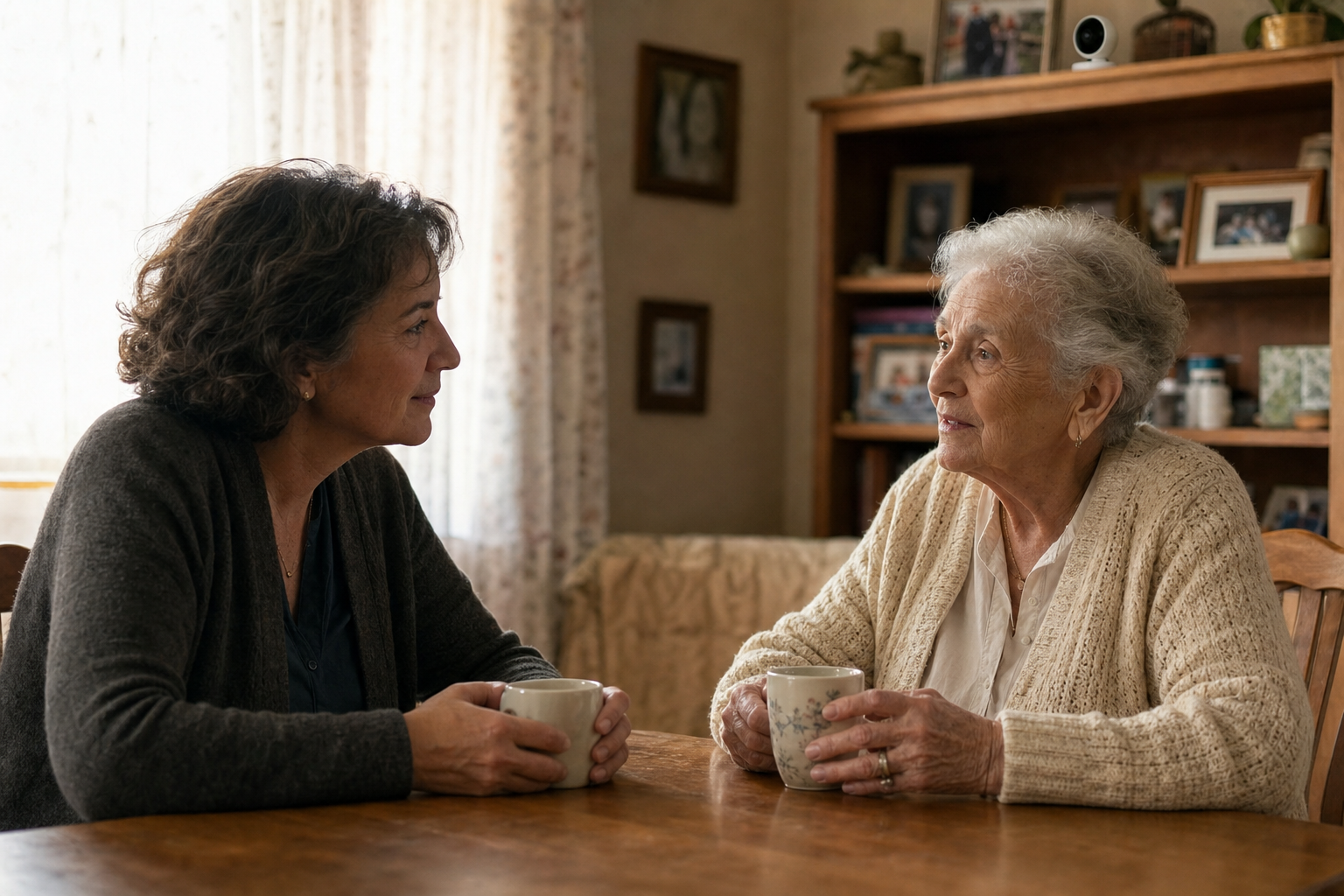An adult child and elderly parent sit together at a kitchen table having a calm conversation over tea, with a small unobtrusive camera visible on a bookshelf in the background.