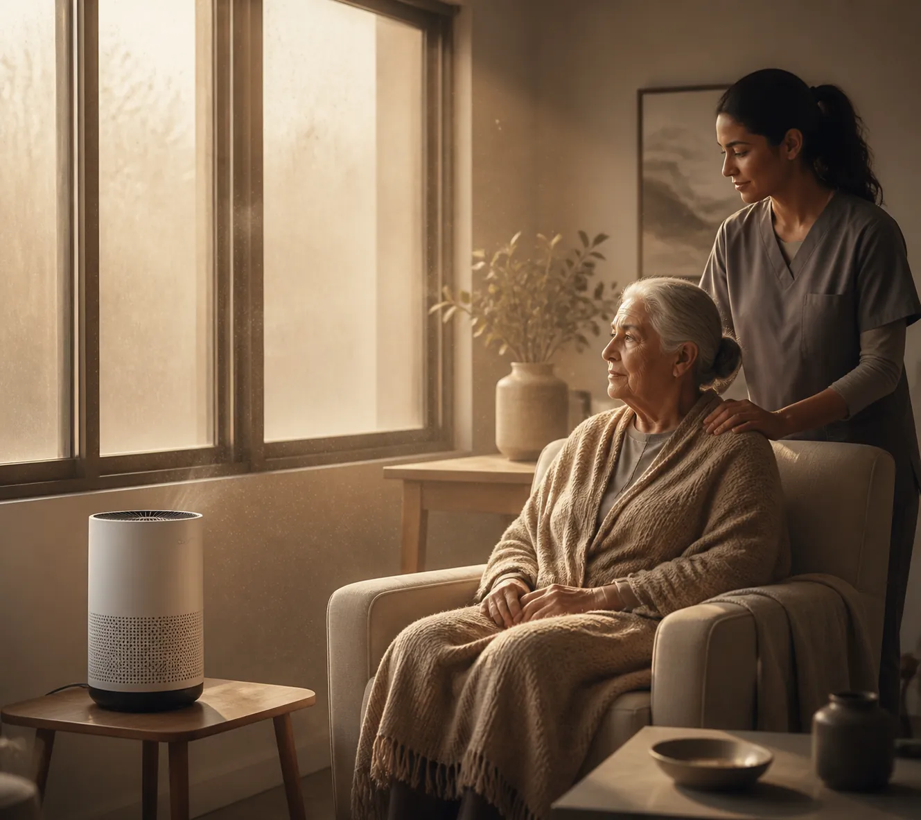 Morning-after dust storm scene with fine particles in indoor light, a running HEPA air purifier, an older adult seated in an armchair, and a caregiver nearby
