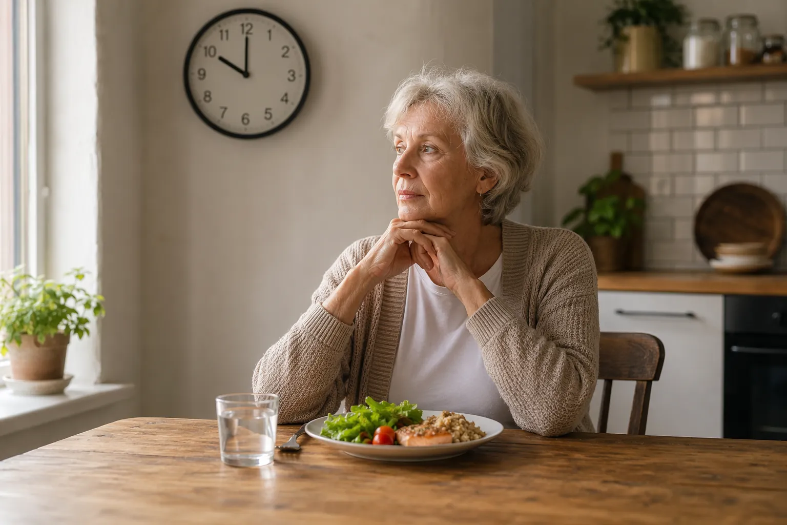 Older woman sitting at a kitchen table with a small meal, water, and a clock showing about 10am