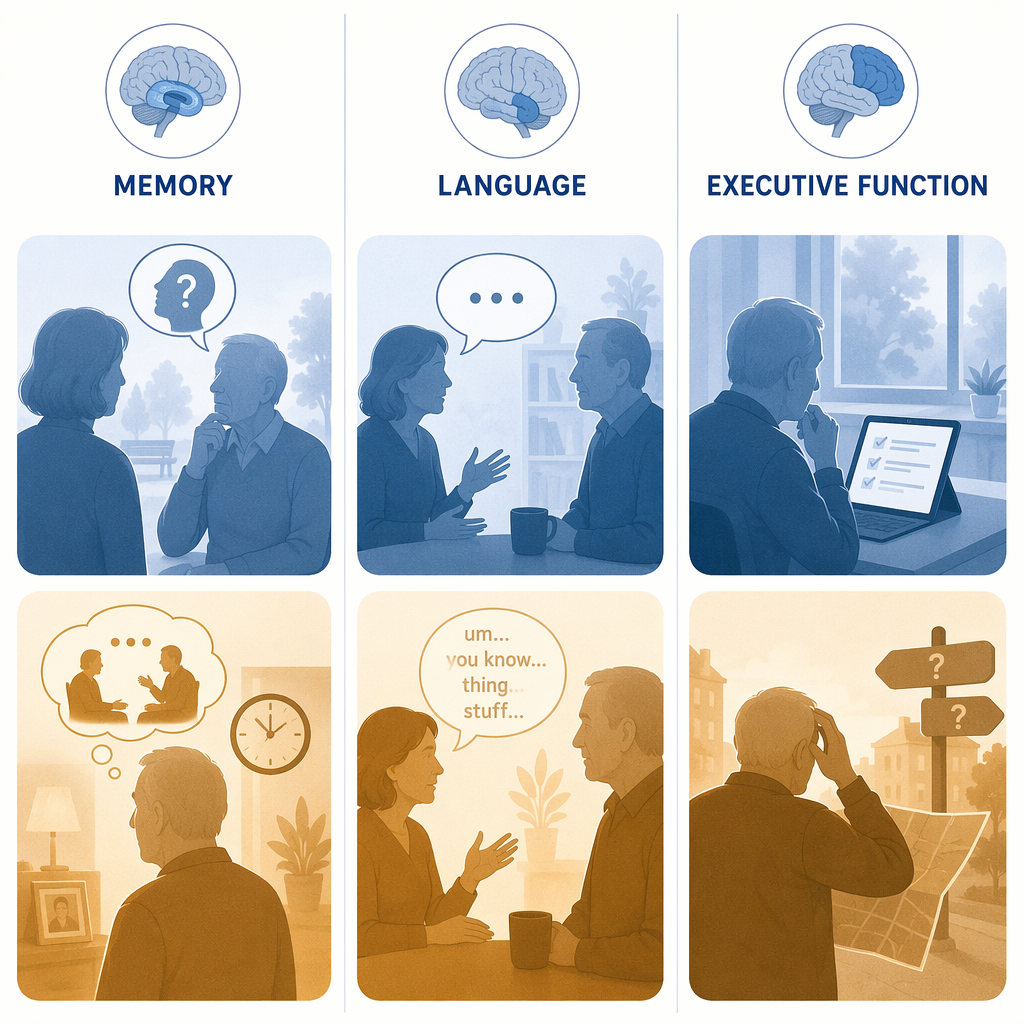 Comparison illustration of memory, language, and executive function changes