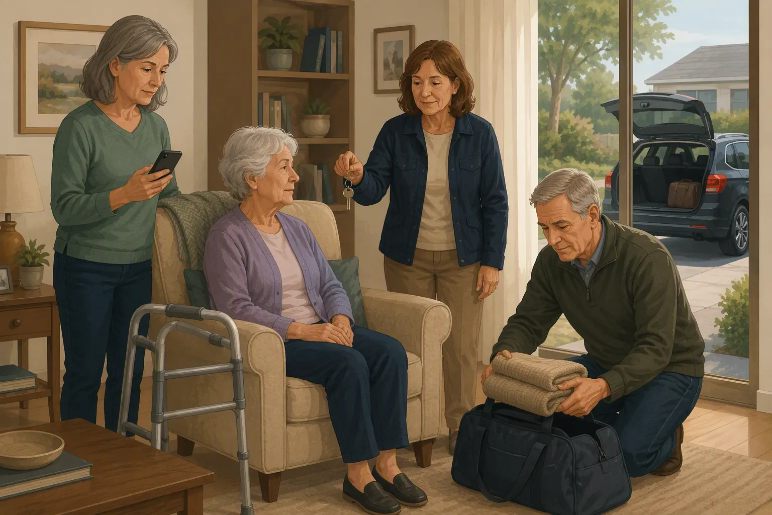 Adult daughter, neighbor, and spouse coordinating evacuation tasks around an elderly woman with a walker