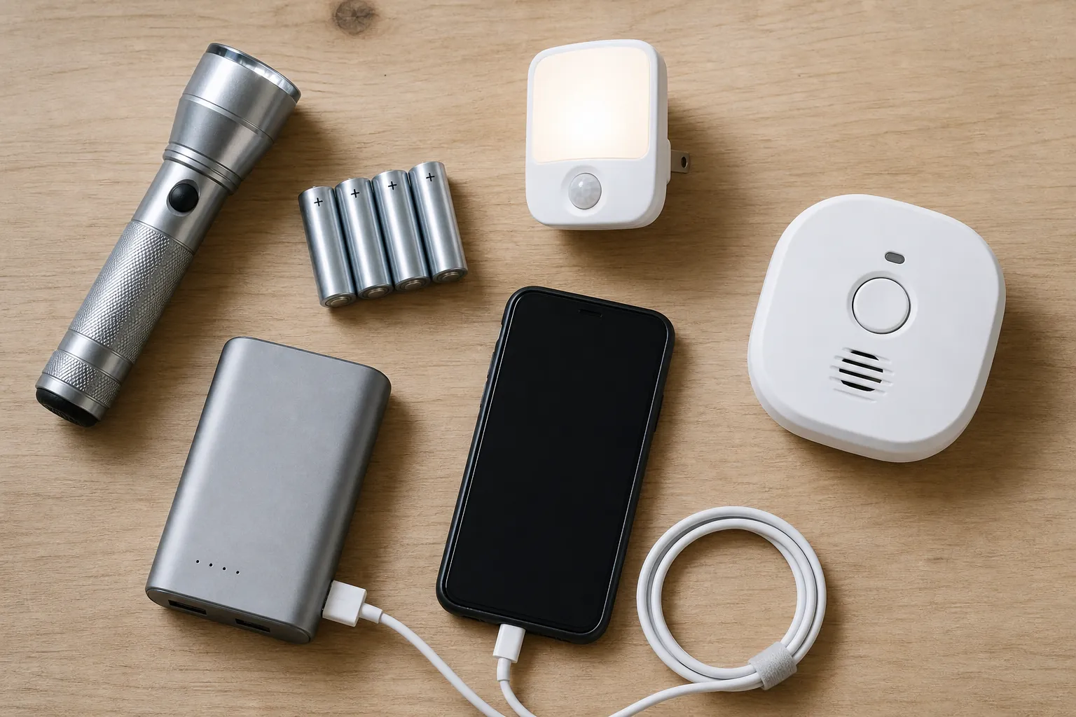 Product-neutral outage fall-protection kit with flashlight, batteries, motion light, power bank, phone cable, and carbon monoxide detector