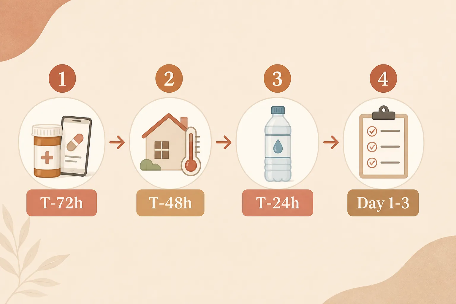 Timeline graphic showing T-72h medication review, T-48h cooling audit, T-24h hydration setup, and Day 1-3 monitoring