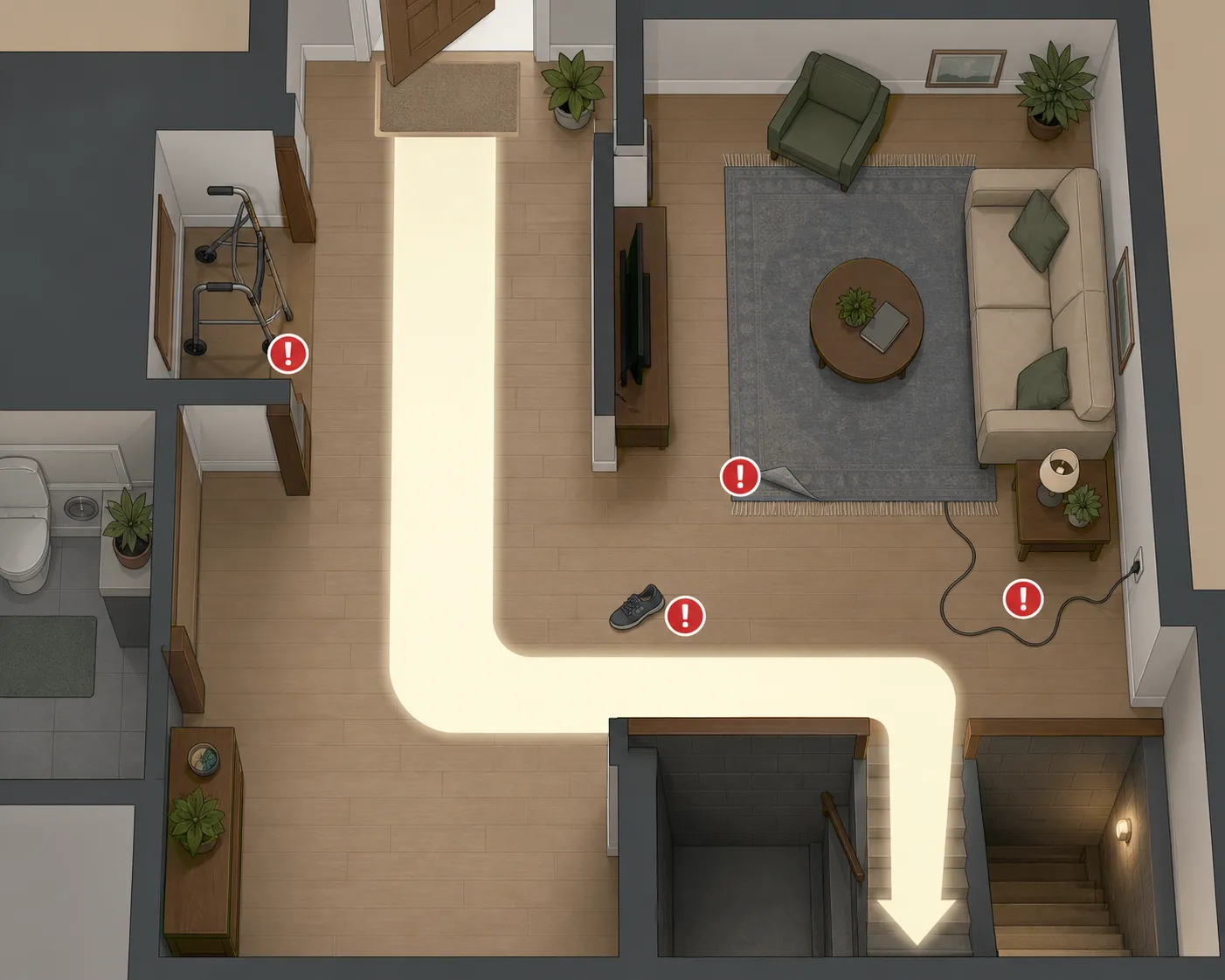 Top-down illustration of a home route to a basement shelter with trip hazards marked along the walking path