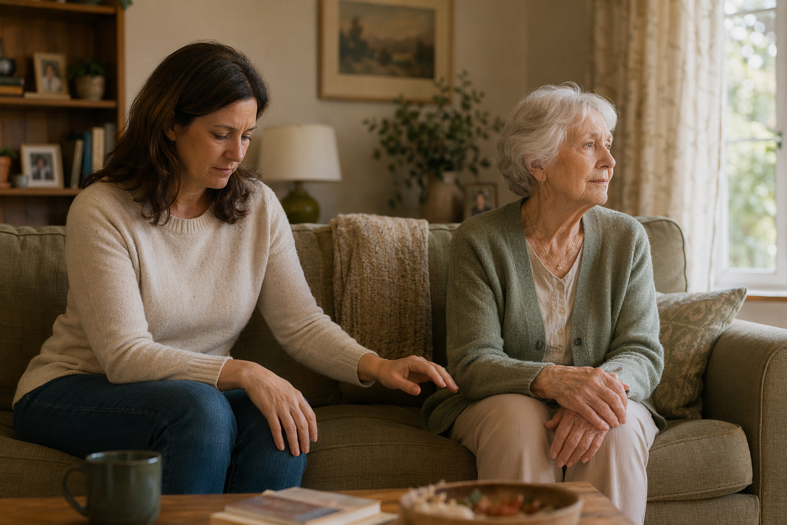 A gentle editorial scene of an adult daughter and her elderly mother seated in a cozy living room, both with contemplative expressions. The daughter looks downward with her hand extended but not quite reaching; the mother gazes toward a window with folded hands.