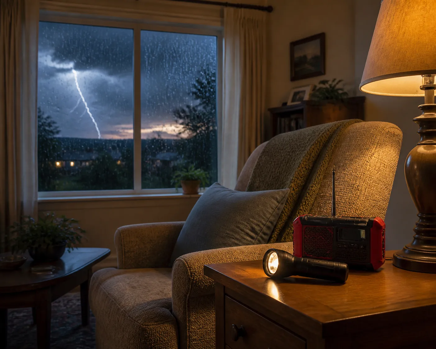 Lamplit senior living room prepared for a distant thunderstorm, with an alert radio and flashlight ready on a side table