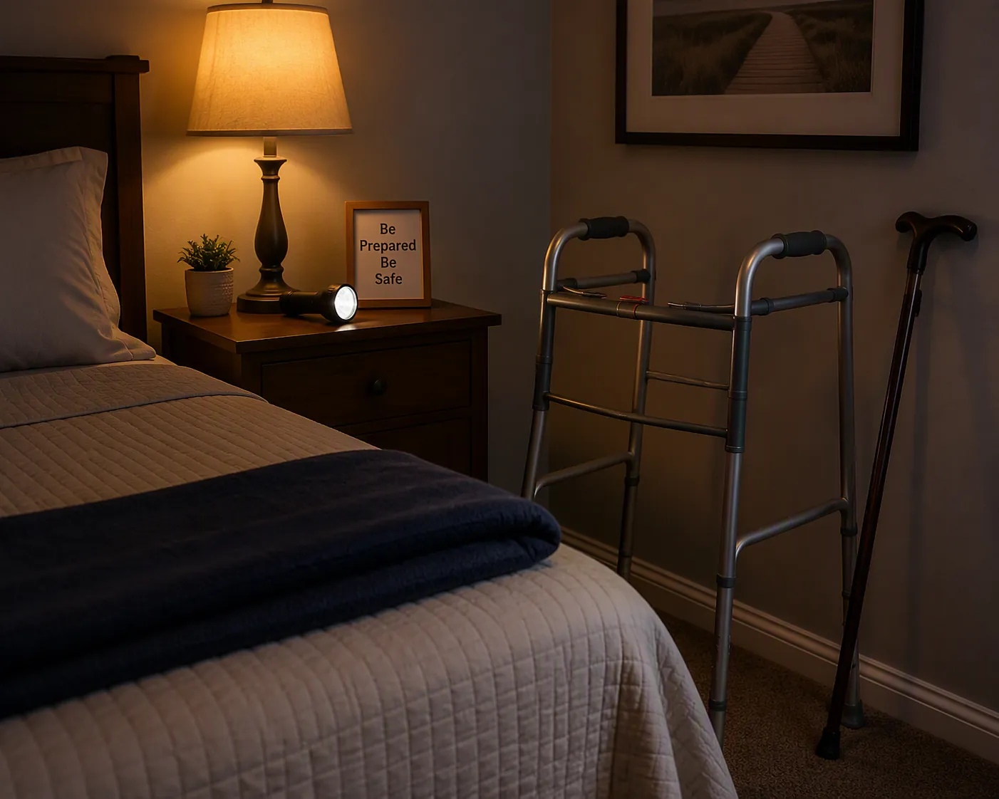 Walker and cane placed within arm's reach beside a bed with a flashlight on the nightstand
