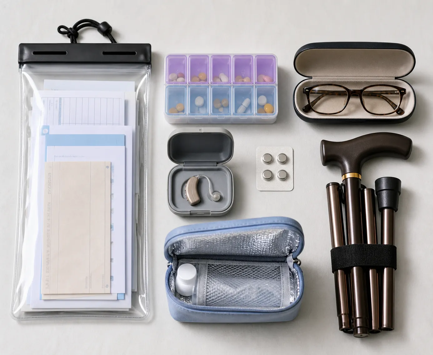Waterproof medication documents, pill organizer, spare eyeglasses, hearing aid batteries, backup cane, and insulated pouch for refrigerated medication