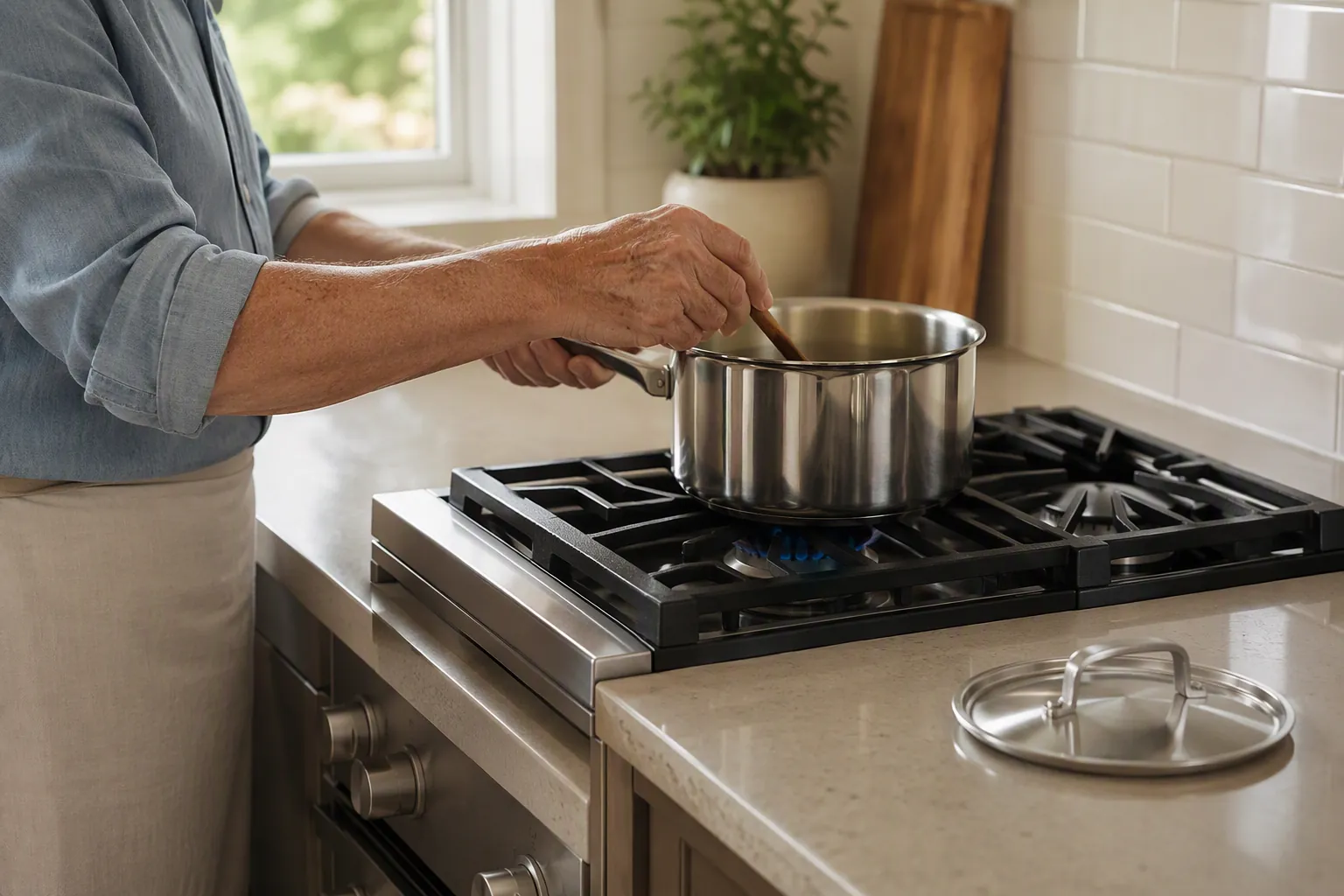 Older adult cooking at a clear stove with a saucepan on the back burner, handle turned inward, sleeves rolled up, and a metal lid nearby