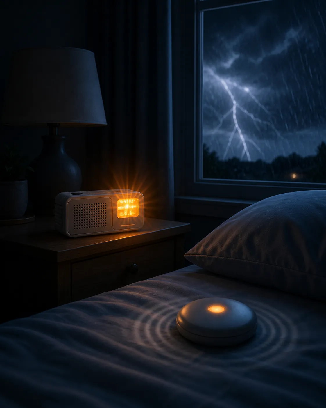 Weather alert radio flashing beside a bed with a vibrating alert puck on the sheet