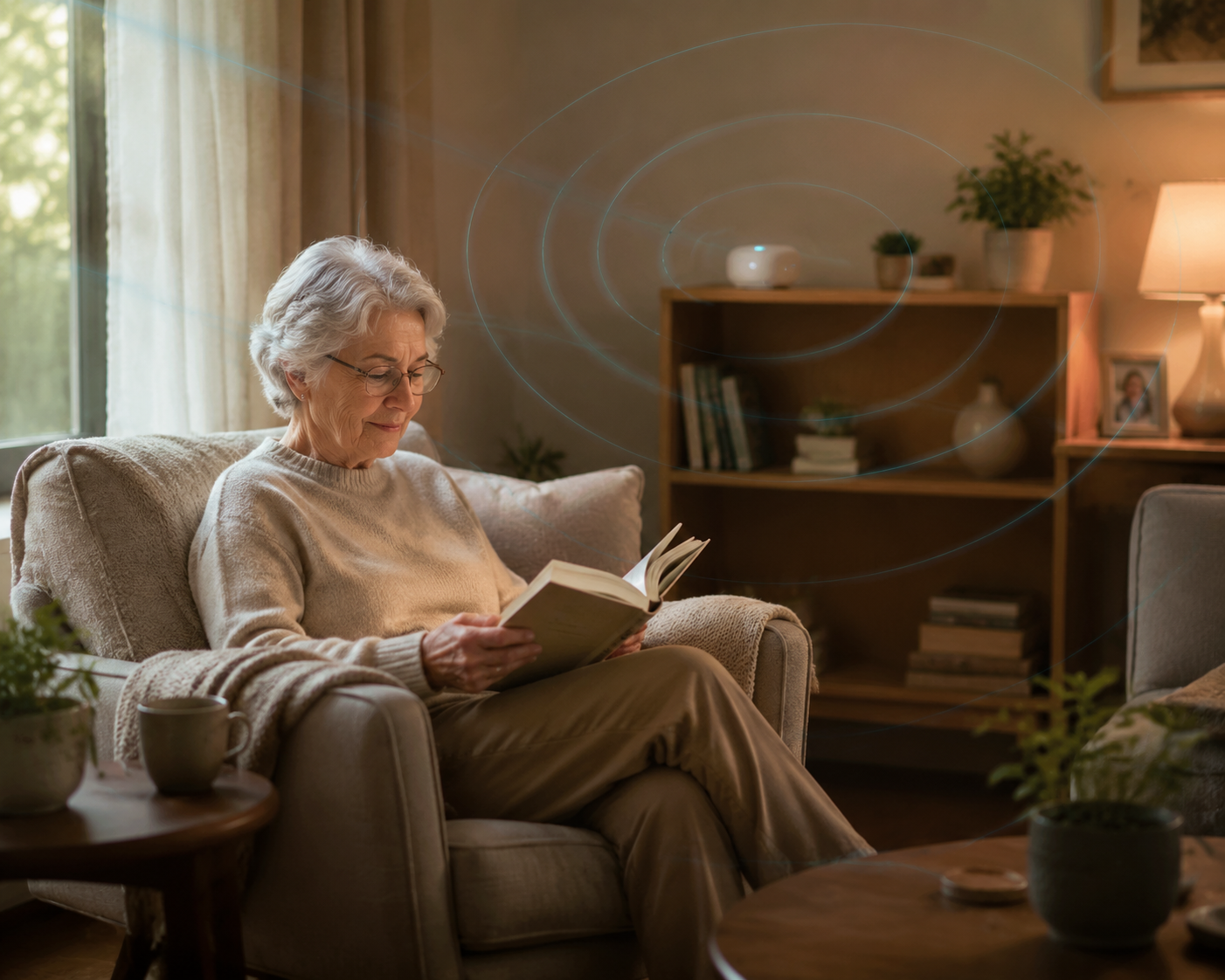 Older adult reading in a living room with a small unobtrusive radar sensor and no visible camera