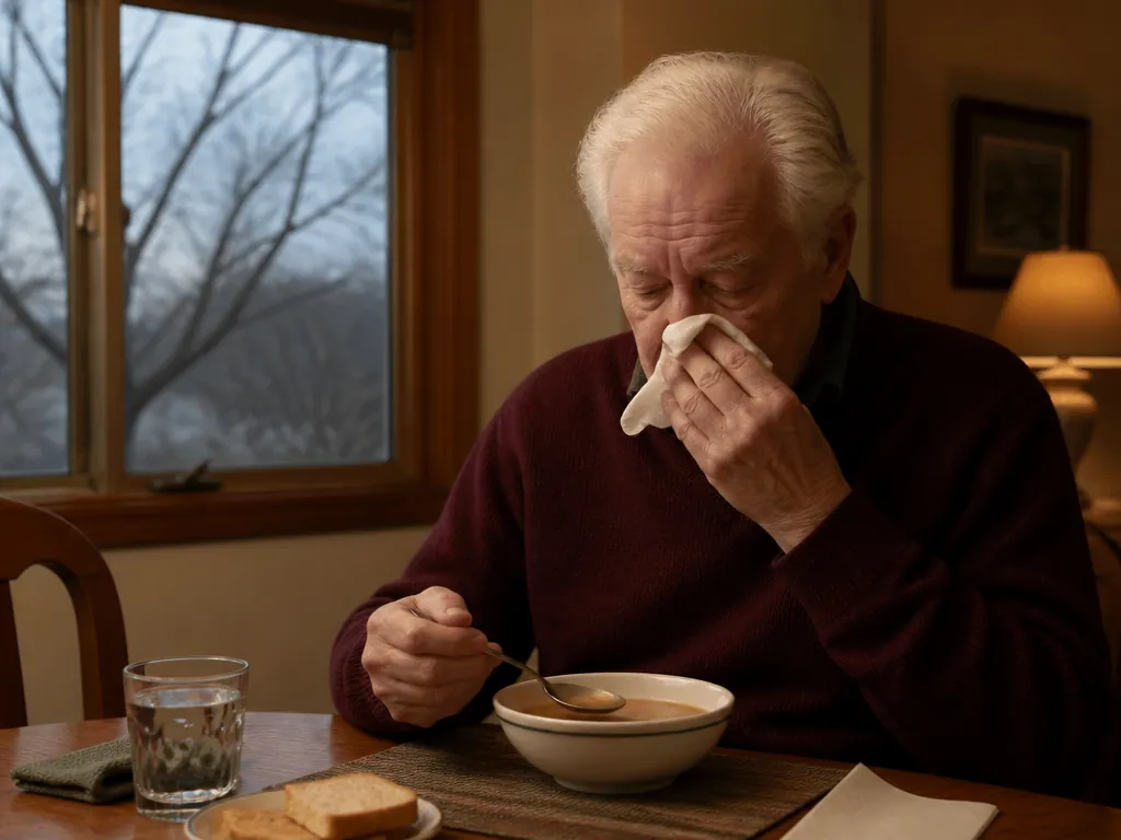 Older man wiping his nose while eating a bowl of soup