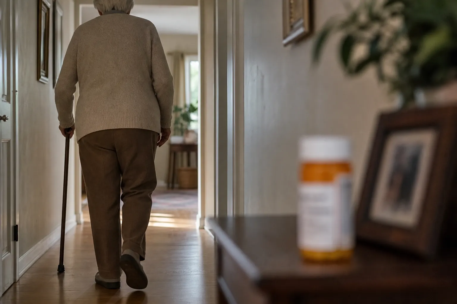Older adult walking slowly with a cane while a prescription bottle sits nearby