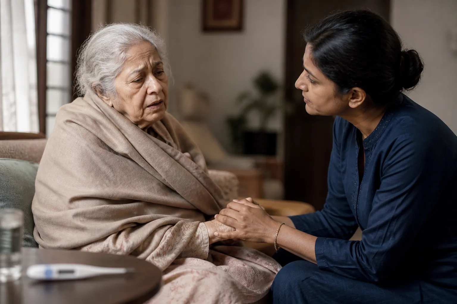 Confused older woman on a sofa while a caregiver watches her closely