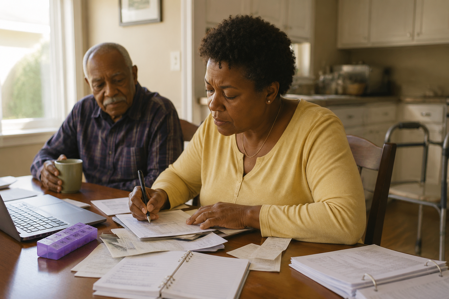 Middle-aged adult child caregiver seated at a kitchen table with an elderly parent, surrounded by Medicaid paperwork and care planning documents