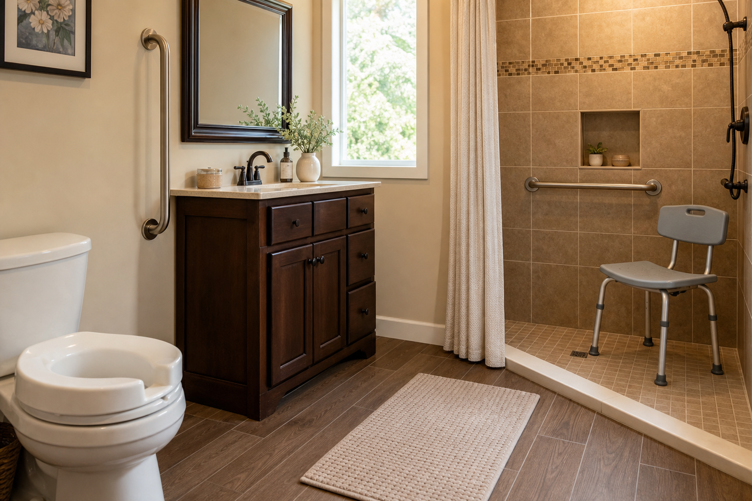A residential bathroom modified for senior safety with a grab bar beside the toilet, a grab bar in the shower, a non-slip bath mat, a raised toilet seat, and a shower chair.