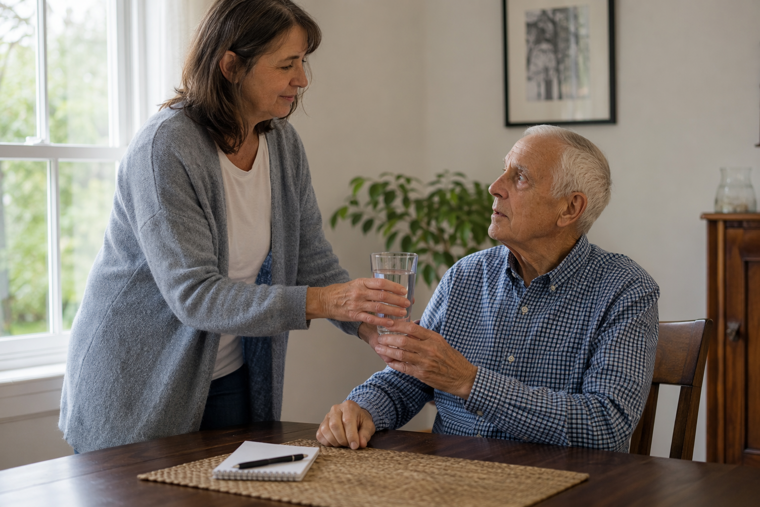 A caregiver handing a glass of water to an older man with a notebook nearby for tracking symptoms