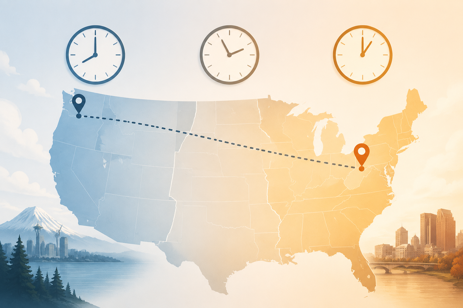 Map illustration showing Seattle and Columbus connected by a flight path with clock icons for the time zone shift