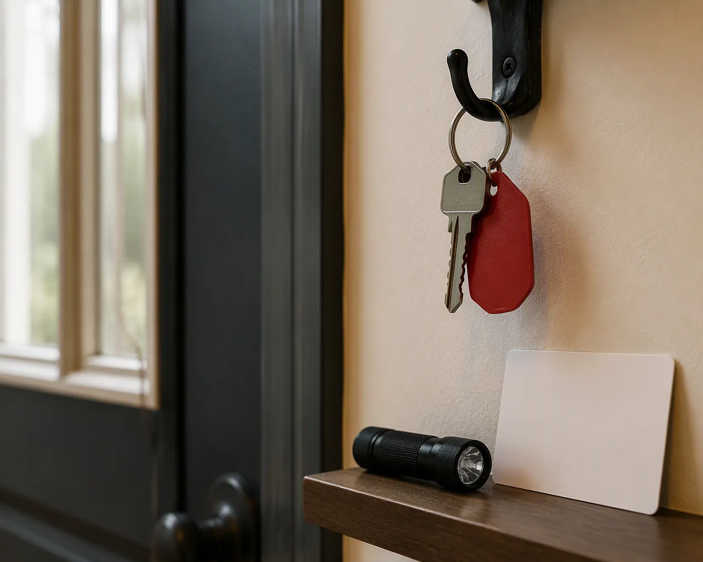Spare house key on a red tag beside a flashlight and blank emergency contact card near an entry door