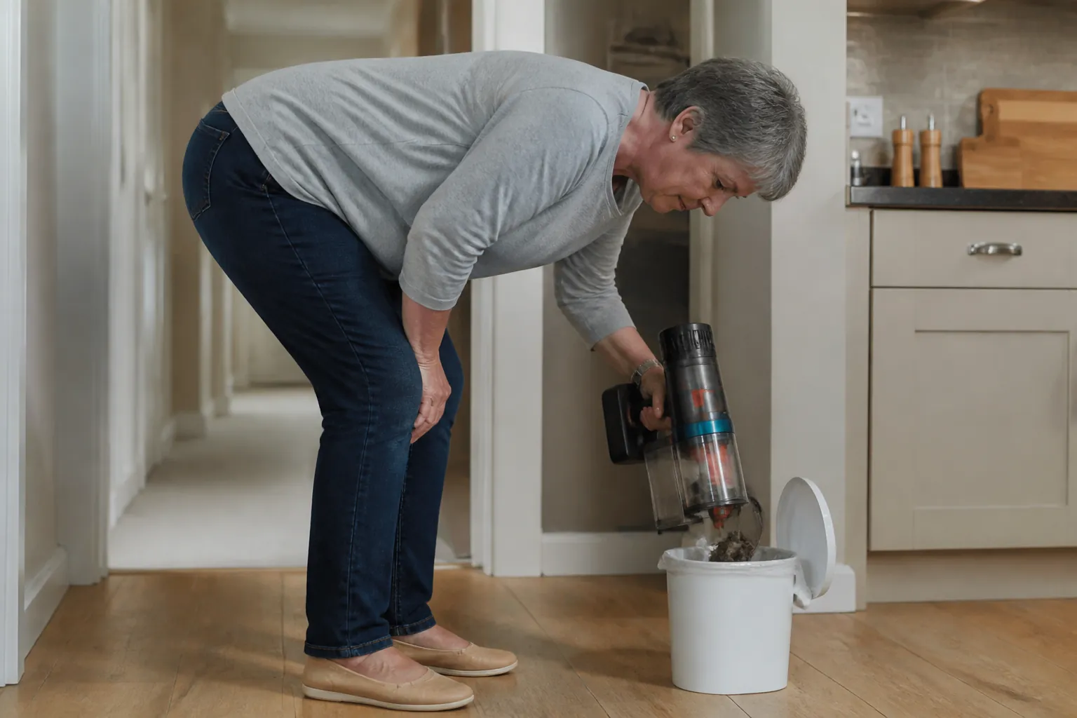 Older adult bending low over a floor-level dustbin to empty a cordless vacuum