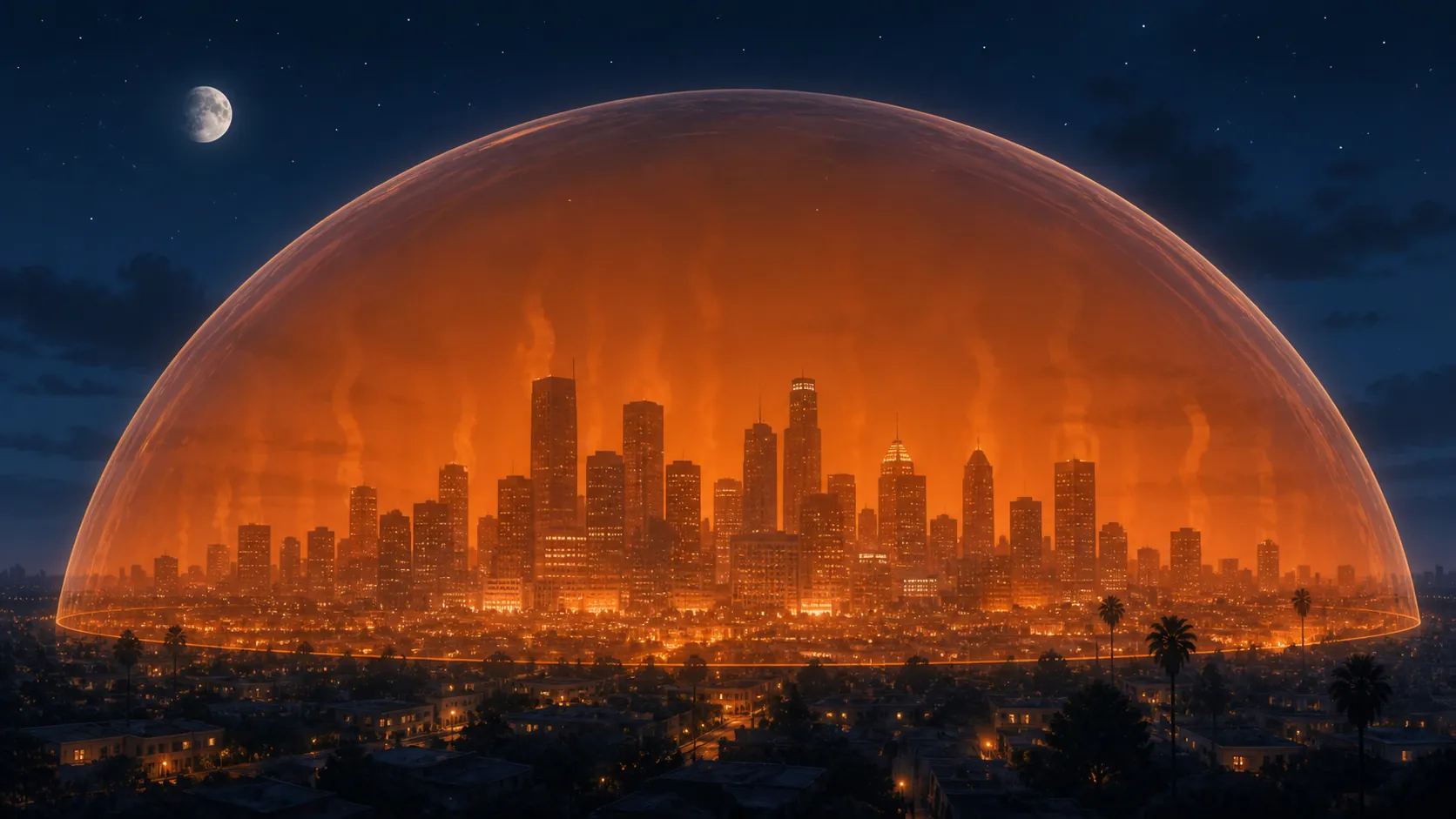 Illustration of an orange heat dome trapping warm air over a city at night