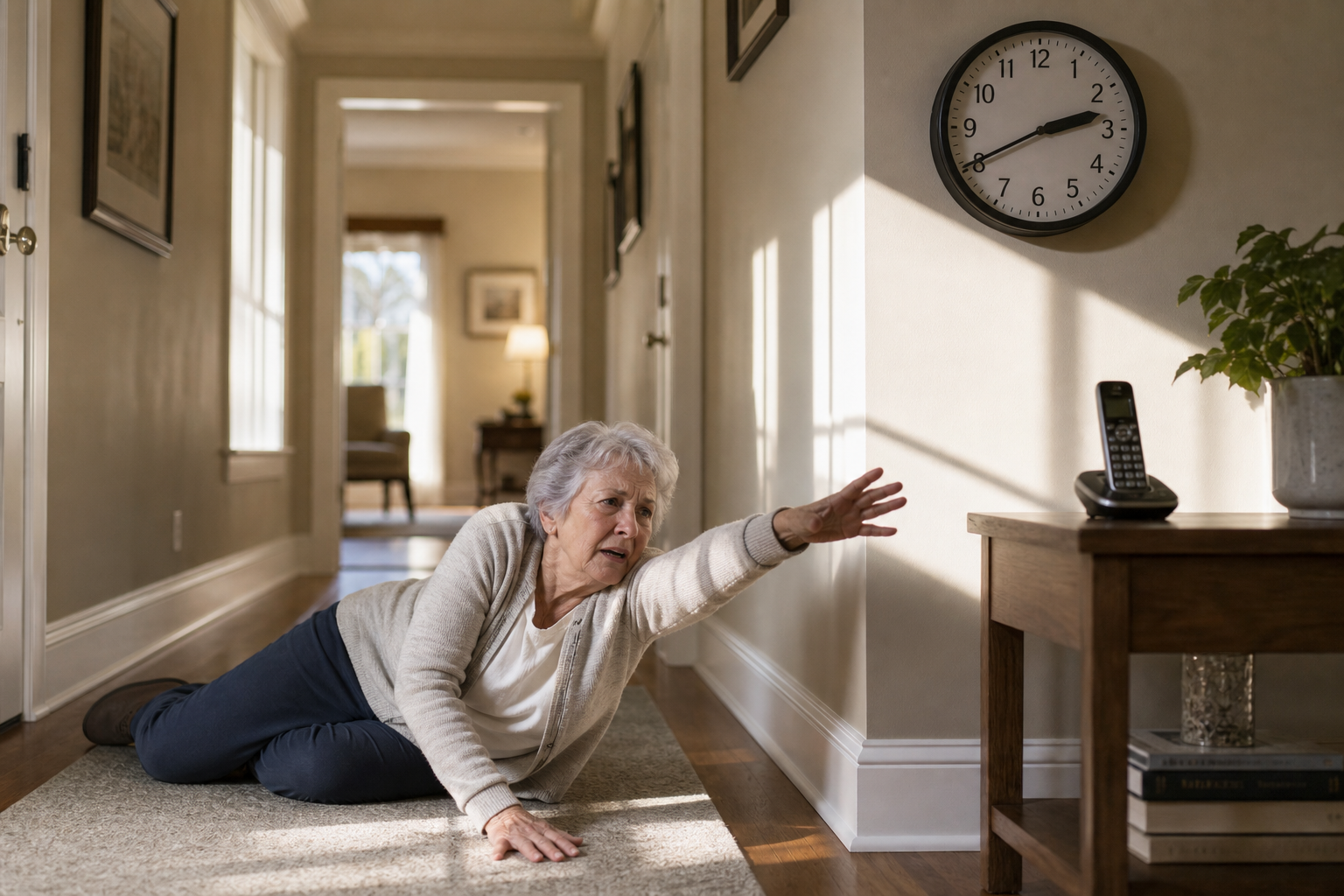 An older adult woman sitting on the floor of a home hallway after a fall, reaching toward a small table where a phone sits just out of reach. A clock on the wall is visible.