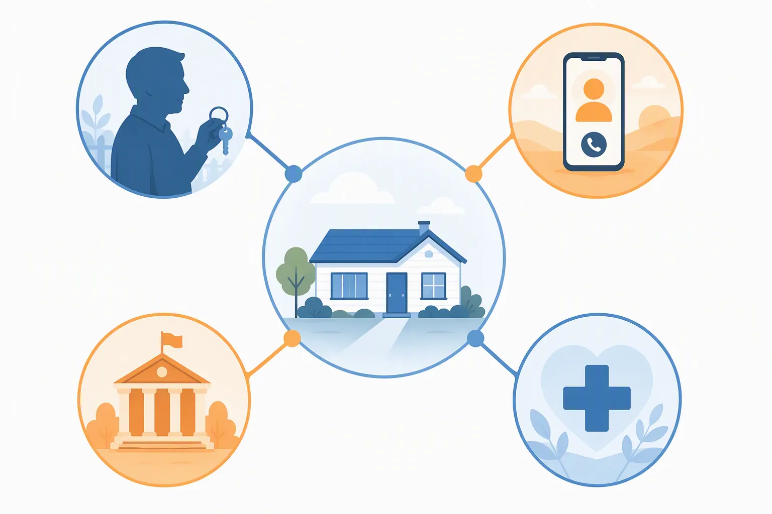 Diagram of a support network around a one-story home with neighbor, phone contact, government building, and medical care icons