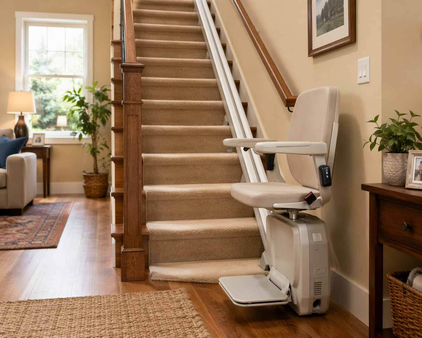 A warm residential interior showing a modern straight stair lift mounted on a wooden staircase with handrails on both sides.