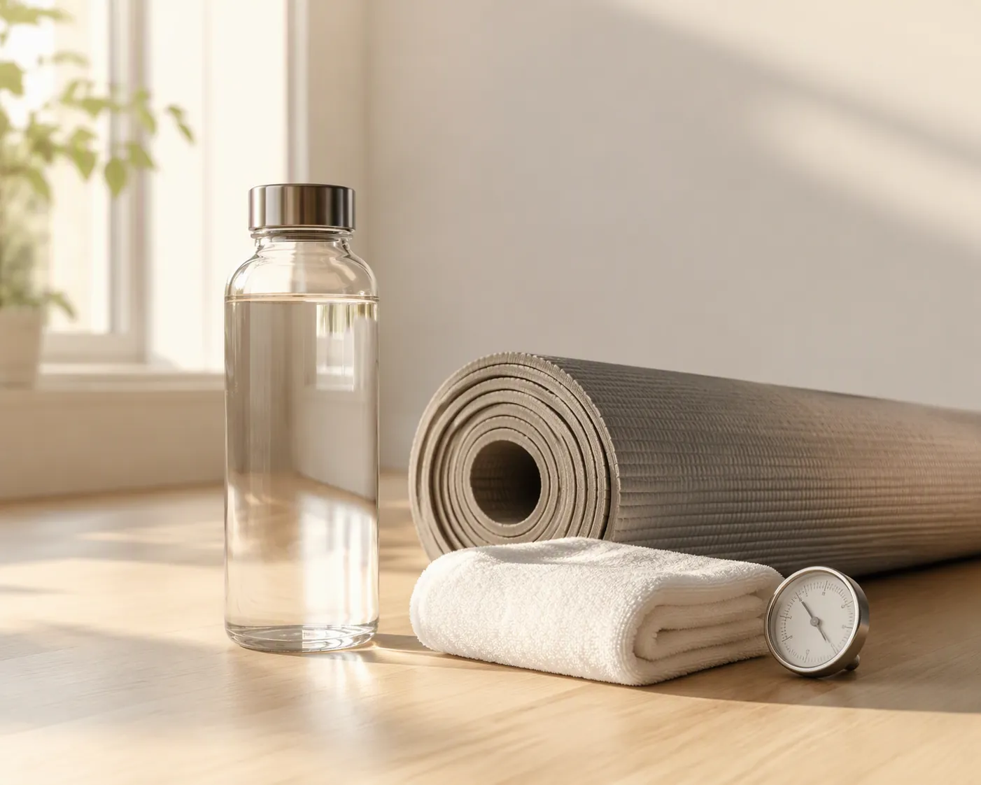 Water bottle, yoga mat, towel, and thermometer arranged on a wooden floor before class