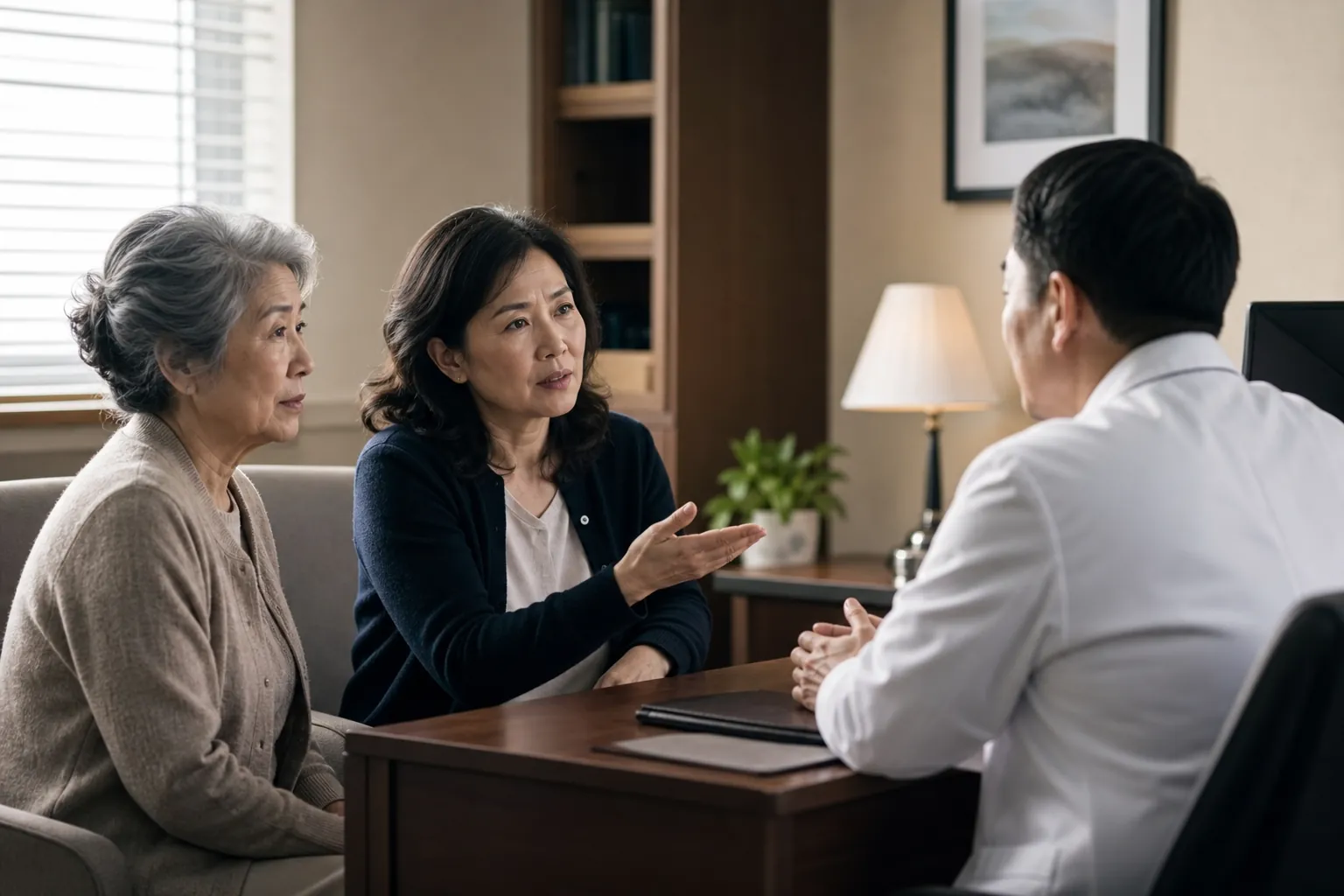 Adult daughter and older mother speaking with a physician during a consultation