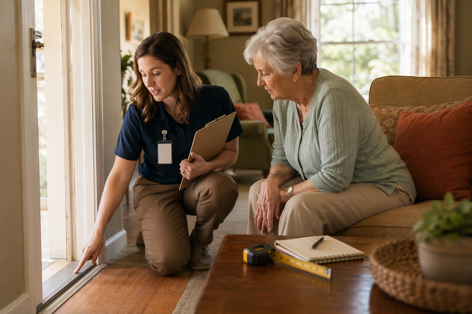 An occupational therapist in a residential living room points at a doorway threshold while consulting with an older adult seated nearby, with a clipboard and tape measure visible on the coffee table.