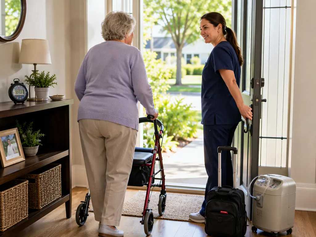 Caregiver holding an open door during an evacuation drill as a senior uses a walker near a go-bag and oxygen concentrator