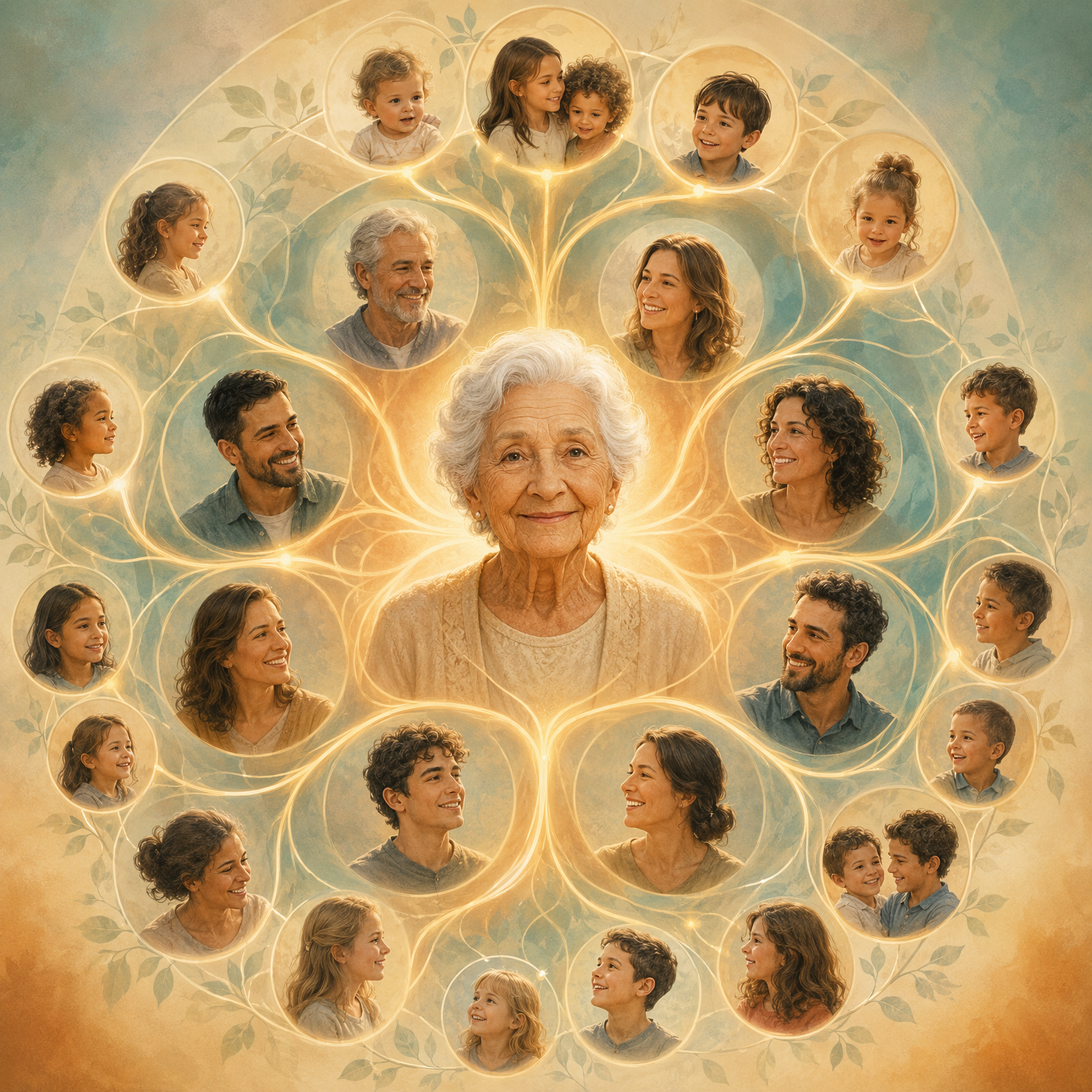 Elderly woman at the center of a family tree connected to younger generations