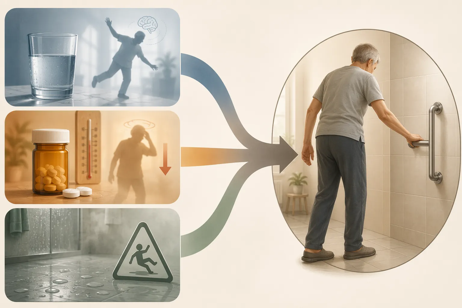 Illustration of dehydration, medication effects, and slippery bathroom surfaces converging into fall risk